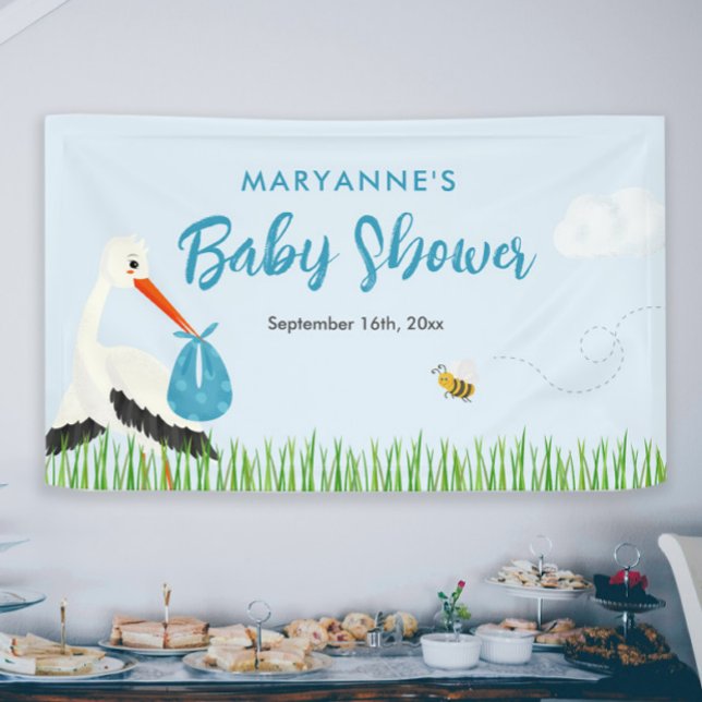 Lona Baby Shower de Sky Blue Stork (Blue stork baby shower banner boy themed baby sprinkle sign on the wall)