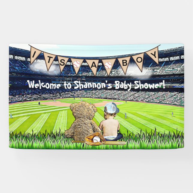 Lona Baby Shower de Teddy Bear and Baby Baseball (Horizontal)