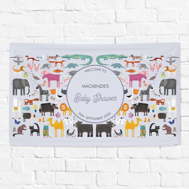 Lona Baby Shower de un animal personalizado divertido (Jungle, safari, zoo, wild and pet animals and bird design baby shower welcome banner)