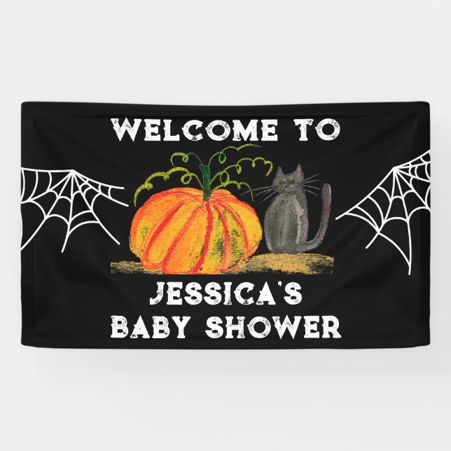 Lona Baby Shower del gato de calabaza de Halloween (Horizontal)