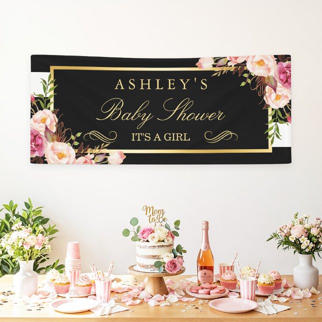 Lona Baby Shower Floral Black White Stripes 2.5 x 6 (Subido por el creador)