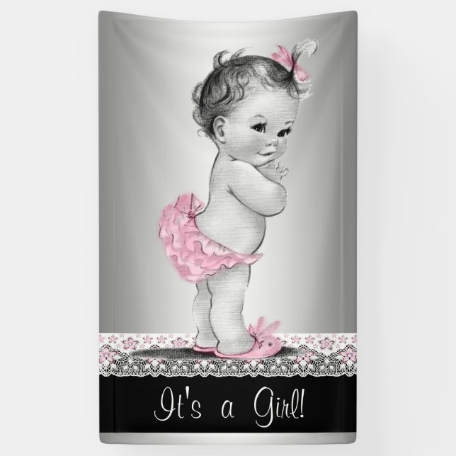 Lona Baby Shower gris rosado vintage (Vertical)