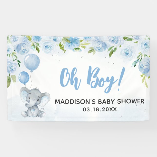 Lona Baby Shower para elefantes azules (Horizontal)