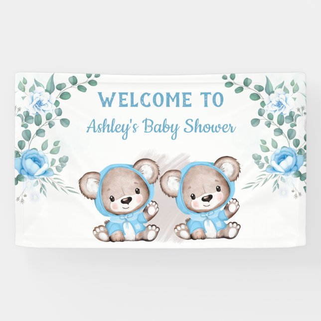 Lona Baby Shower Personalizado Floral de oso azul gemel (Horizontal)