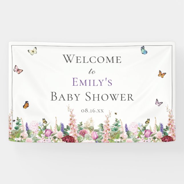 Lona Baby Shower Pink Purple Floral y Butterflies (Horizontal)