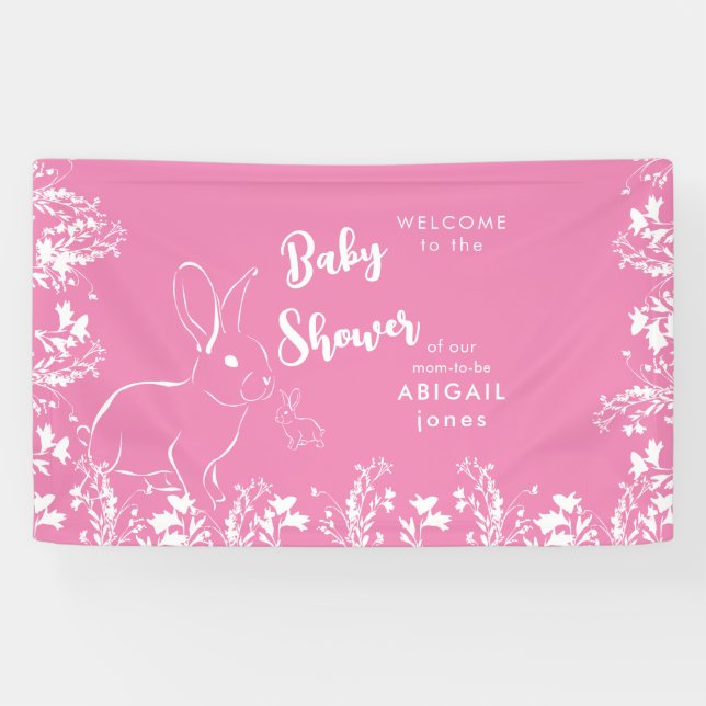 Lona Baby Shower rosa blanco floral de conejo blanco (Horizontal)