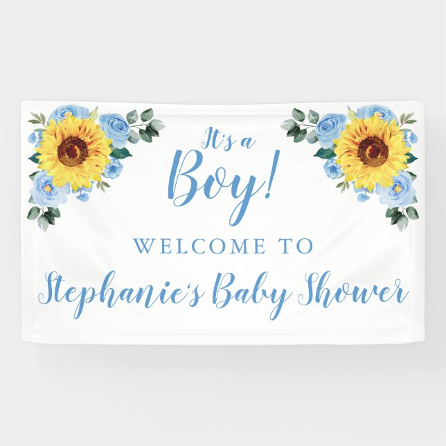 Lona Baby Shower Sunflower Dusty Blue Floral es un niño (Horizontal)