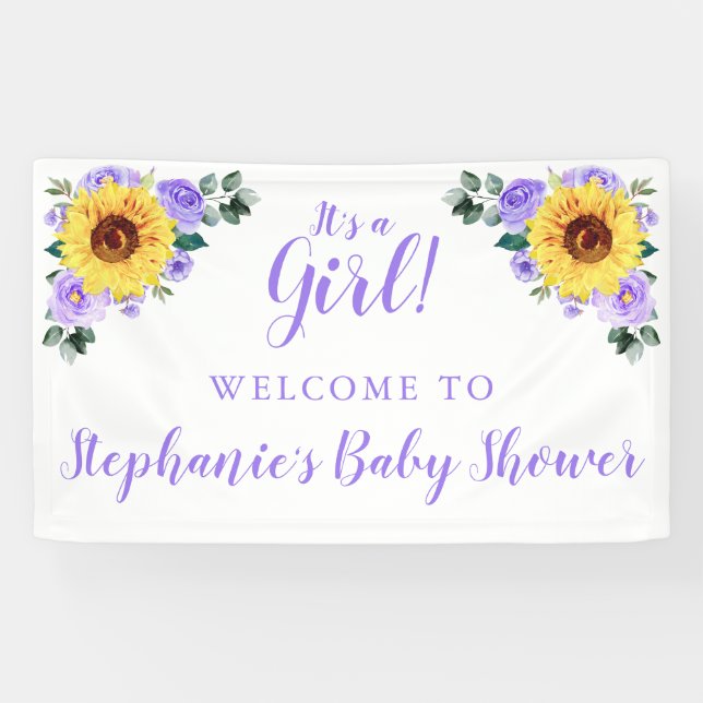 Lona Baby Shower Sunflower Purple Floral personalizada (Horizontal)