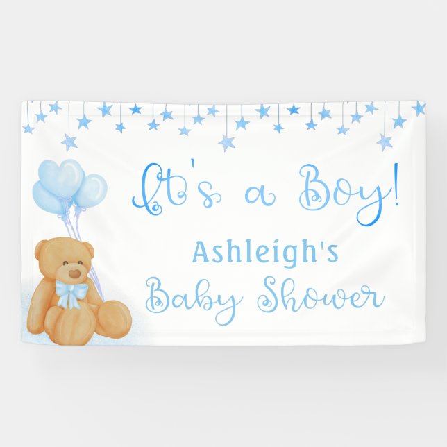 Lona Baby Shower Teddy Bear Globos Azules Es Un CHICO (Horizontal)