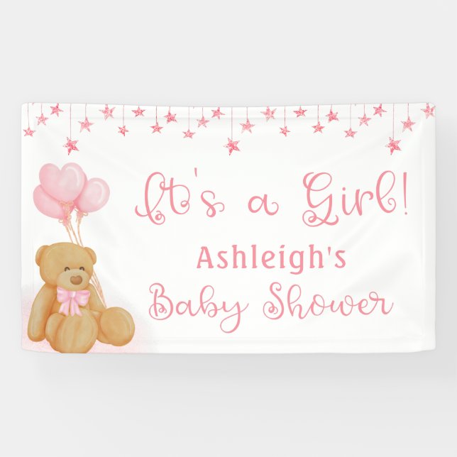 Lona Baby Shower Teddy Bear Globos Rosados Es Un CHICA (Horizontal)