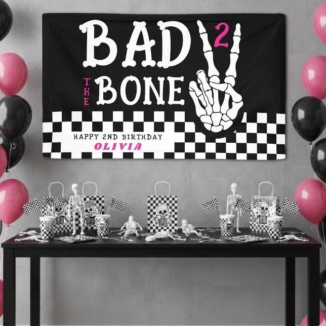 Lona Bad 2 the Bone Skeleton Pink 2nd Birthday Party (Bad 2 the Bone Skeleton Pink 2nd Birthday Party Banner
)