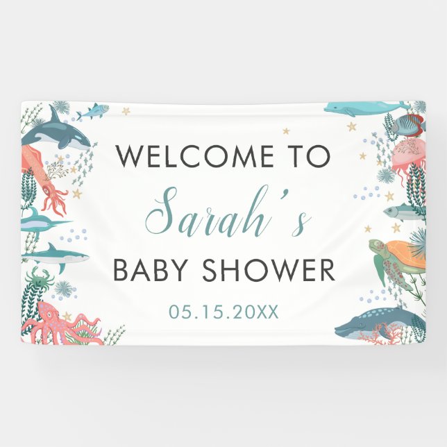 Lona Bajo el fondo Sea Cute Ocean Baby Shower RSVP (Horizontal)