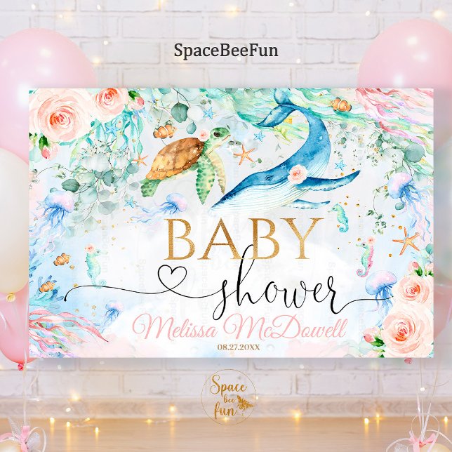 Lona Bajo el mar, cartel de fondo de Chica Baby Shower (under the sea,baby shower,girl backdrop banner,ocean sea baby shower,under the sea baby shower,welco)