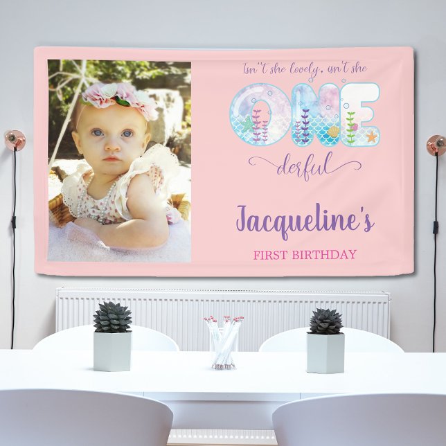Lona Bajo el mar Chicas Rosados Primer Fiesta de Cumple (Under the sea girls pink 1st birthday party banner with photo.)
