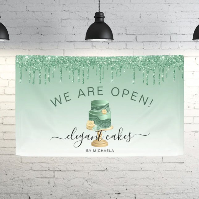 Lona Bakery We Are Open Glitter Drip Green Cake Banner (Subido por el creador)