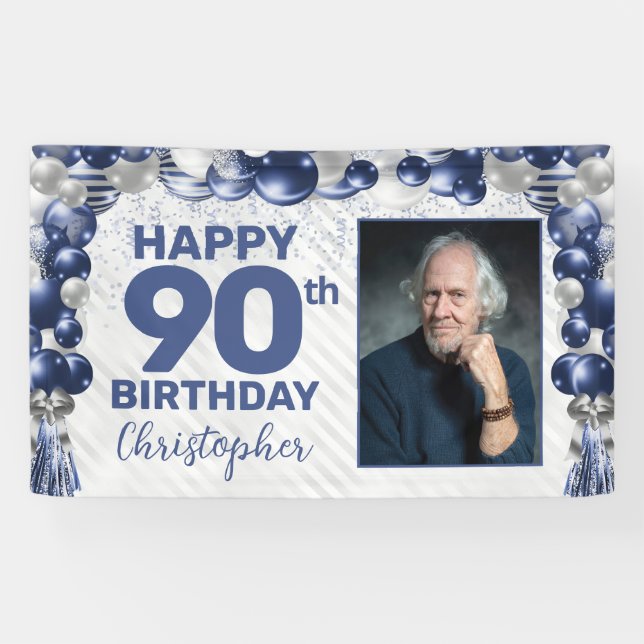 Lona Balón azul marino de plata foto 90 cumpleaños (Horizontal)