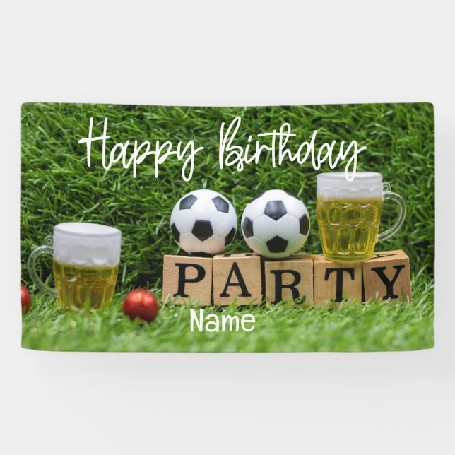 Lona Balón de fútbol con cumpleaños feliz con cerveza (Horizontal)