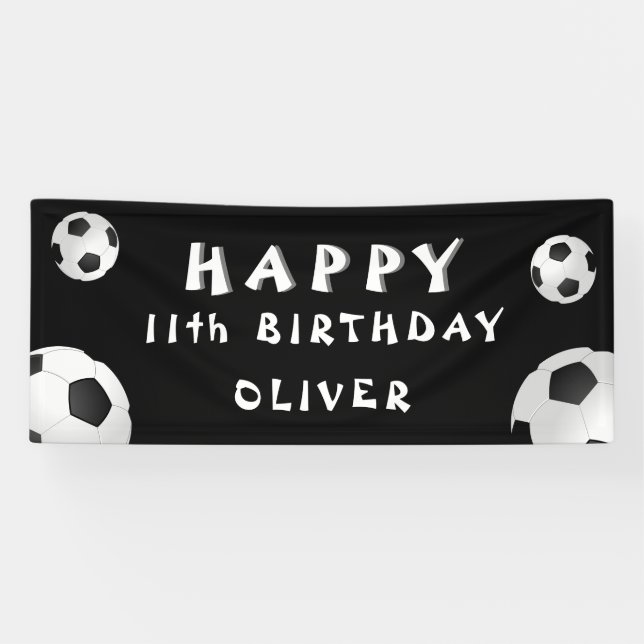 Lona Balón de Fútbol Negro Fiesta de Cumpleaños Deporte (Horizontal)