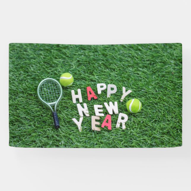Lona Balón de tenis y raqueta con feliz año nuevo (Horizontal)