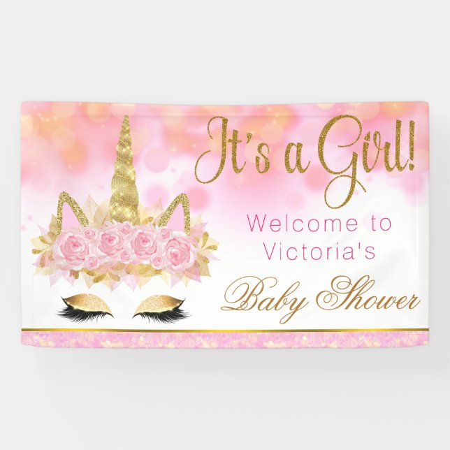 Lona Bandera Baby Shower de Unicorn Oro Rosado (Horizontal)