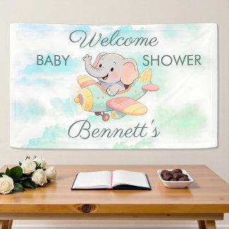 Lona Bandera de Baby Shower de Elefante en Avión con Ac