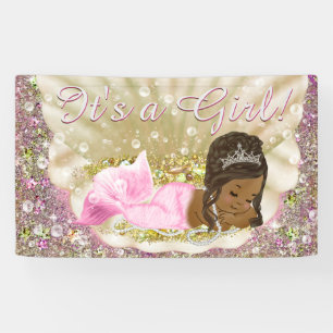 Lona Bandera de Baby Shower de Sirena Afroamericana Ros