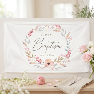 Lona Bandera de Bautizo Floral Rosa Rubor