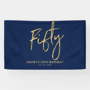 Lona Bandera de bienvenida de cumpleaños 50 Gold Navy B