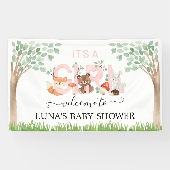 Lona Bandera de bienvenida It's Girl Woodland Baby Show (Horizontal)