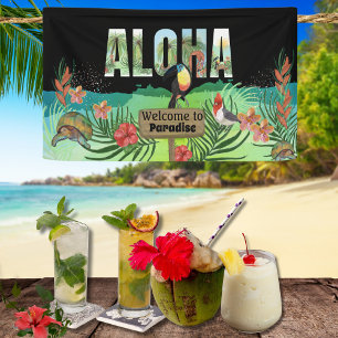 Lona Bandera de Bienvenida Personalizada Aloha Paraíso 