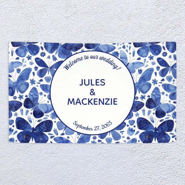 Lona Bandera de Boda azul índigo (Indigo navy blue and white watercolor butterfly pattern wedding welcome banner)