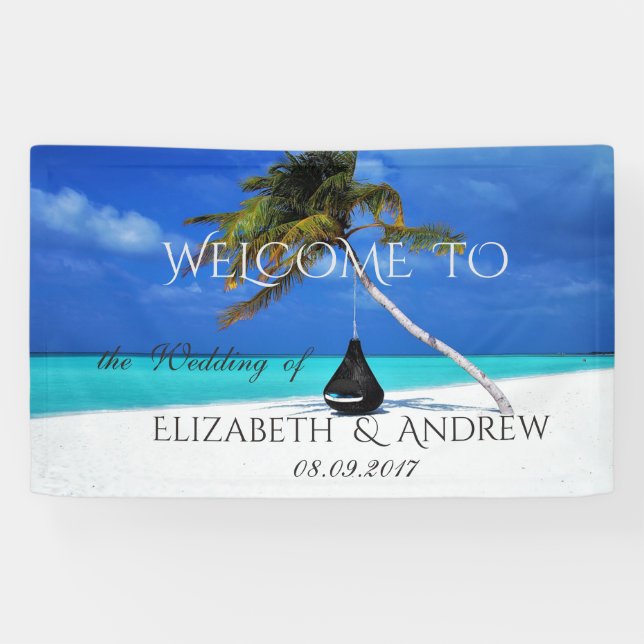 Lona Bandera de Boda de Playa Tropical Fresca, Palma (Horizontal)