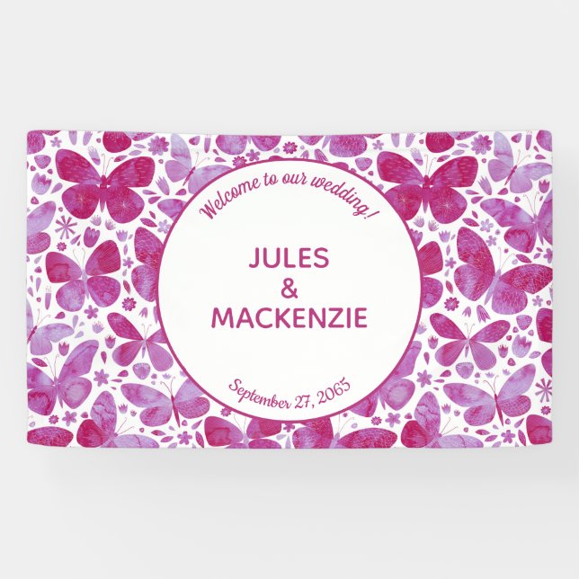 Lona Bandera de Boda rosa magenta acuarela (Horizontal)