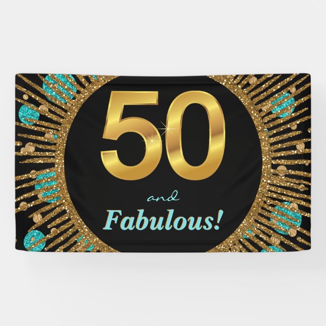 Lona Bandera de cumpleaños 50 de mujer en azul turquesa (Horizontal)