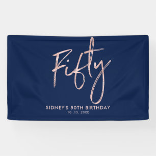Lona Bandera de cumpleaños 50 de oro rosa y azul