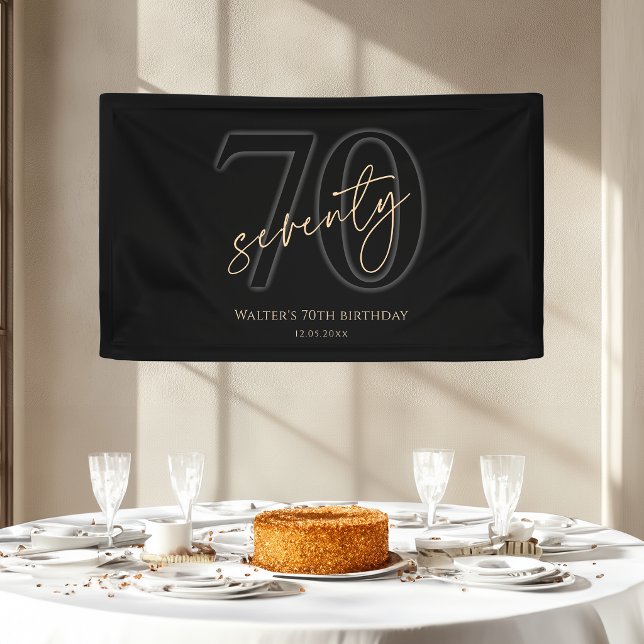 Lona Bandera de Cumpleaños 70 Moderno Oro Negro (Modern Black Gold 70th Birthday Party Banner)