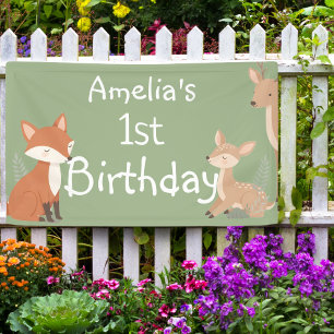 Lona Bandera de Cumpleaños de Animales del Bosque
