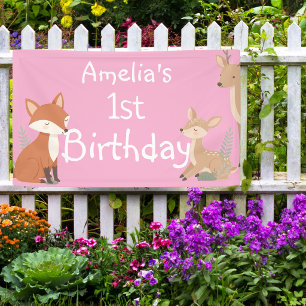 Lona Bandera de Cumpleaños de Animales del Bosque