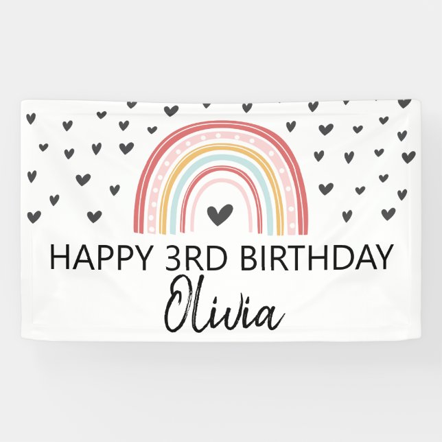 Lona bandera de cumpleaños de arcoíris y corazones (Horizontal)