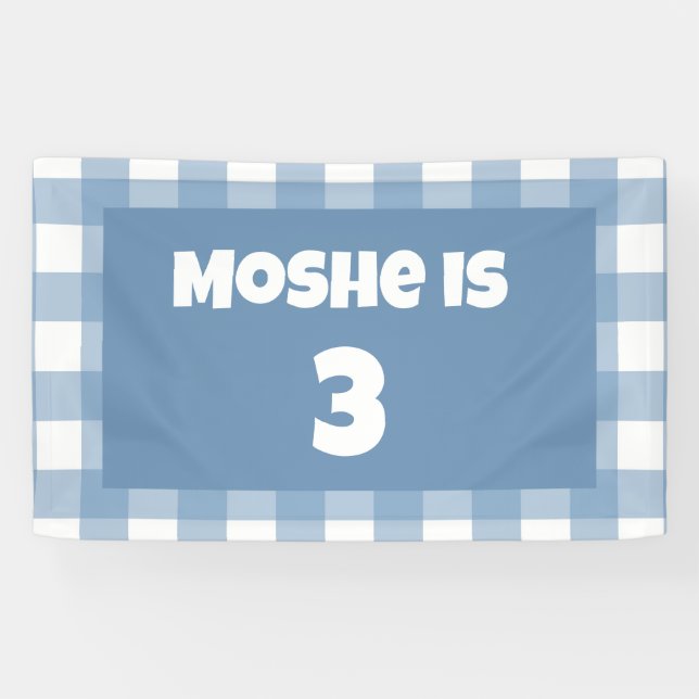 Lona Bandera de cumpleaños de Blue gingham (Horizontal)