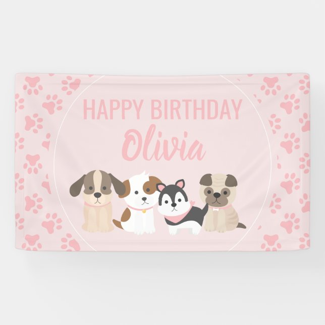 Lona Bandera de cumpleaños de cachorro rosa (Horizontal)