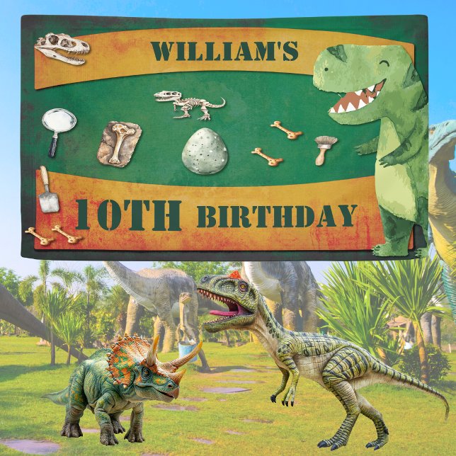 Lona Bandera de Cumpleaños de Dinosaurio (Dinosaur themed birthday party for any age. Personalized with name, age and event. Stomp and roar)