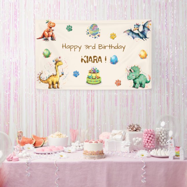 Lona Bandera de Cumpleaños de Dinosaurios para Niños (Fiesta)
