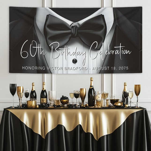 Lona Bandera de cumpleaños de esmoquin para hombres (Mens tuxedo birthday party and any event banner. Add your details for your event.)