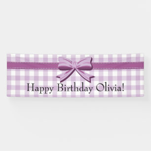 Lona Bandera de cumpleaños de gingham púrpura y blanco
