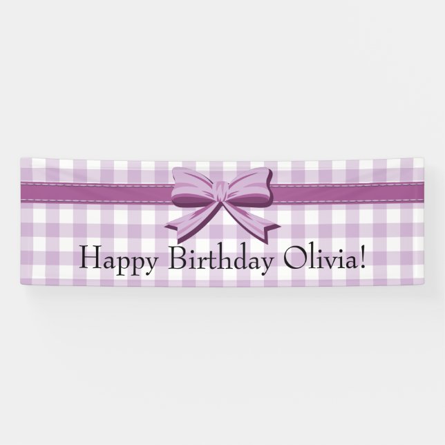 Lona Bandera de cumpleaños de gingham púrpura y blanco  (Horizontal)