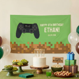 Lona Bandera de cumpleaños de jugador pixelado marrón