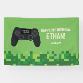 Lona Bandera de cumpleaños de jugador pixelado verde