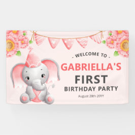 Lona Bandera de Cumpleaños de Niña Elefante Adorable pa