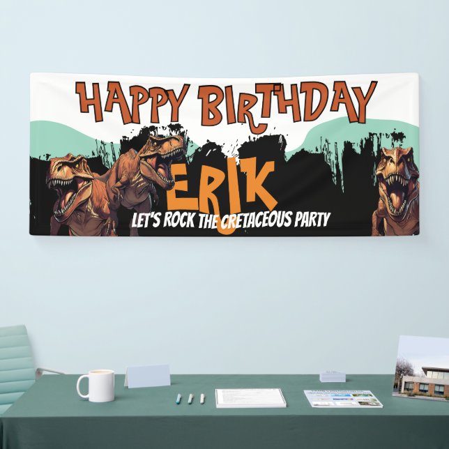 Lona Bandera de cumpleaños de T-Rex, cartel de fiesta d (Feria)